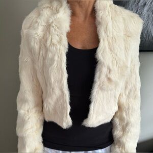 Bebe Cropped Hooded White Rabbit Fur Jacket